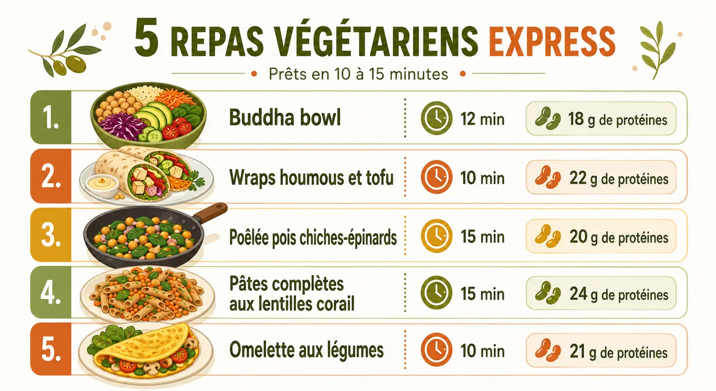 Infographie de 5 idées de repas végétariens express pour sportifs.