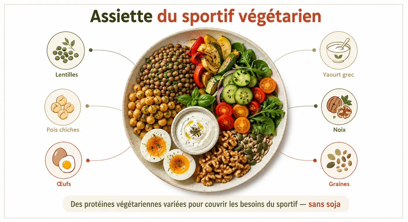 Infographie d'un menu végétarien sportif sans soja.