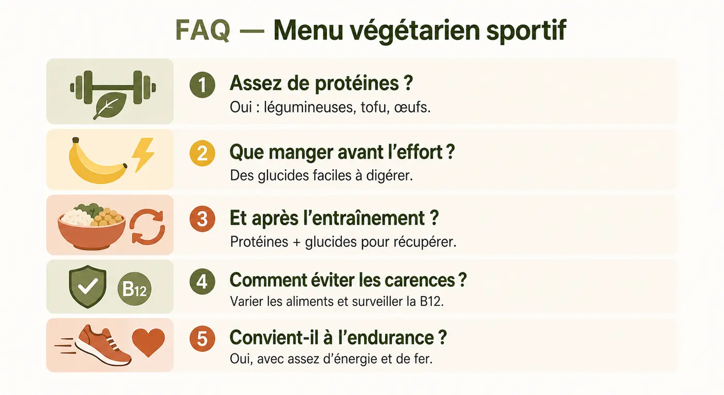 Infographie des principales questions sur le menu végétarien sportif.