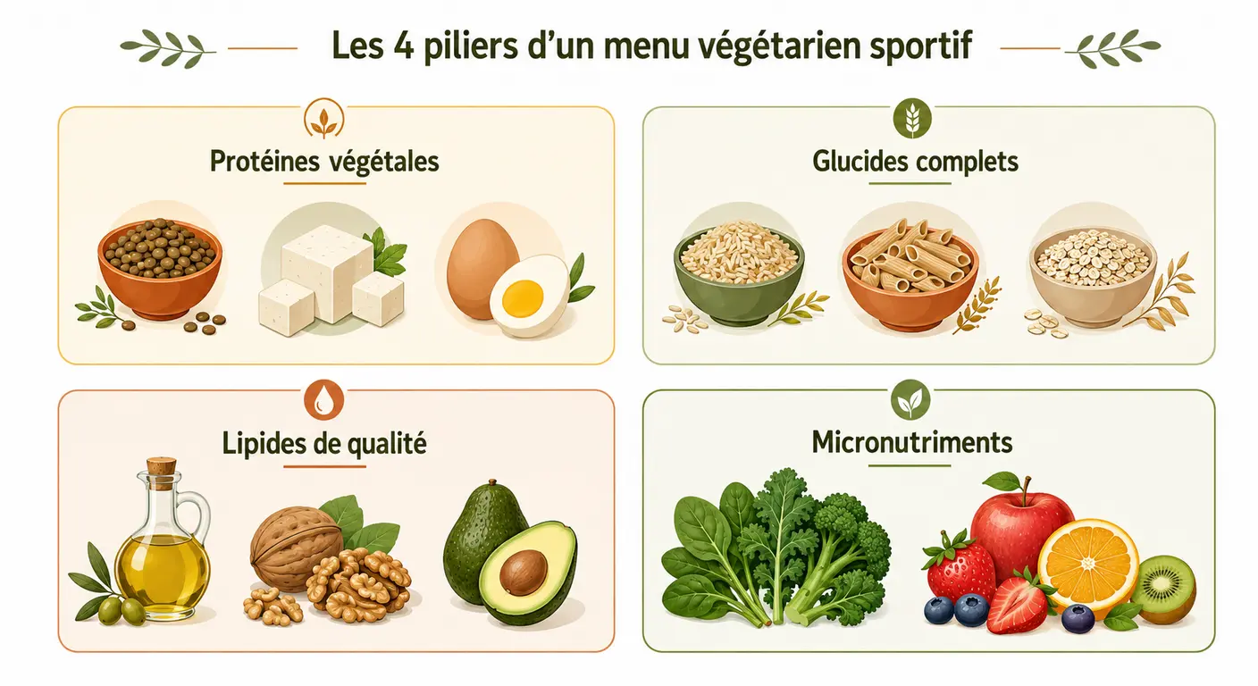 Infographie présentant les quatre piliers d'un menu végétarien sportif.