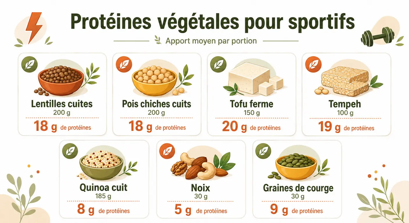 Infographie des principales sources de protéines végétales pour sportifs.