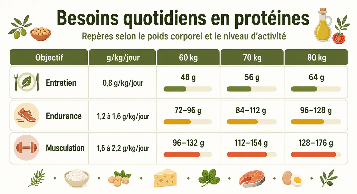 Infographie des besoins protéiques selon le poids et le type de sport pour un sportif végétarien.