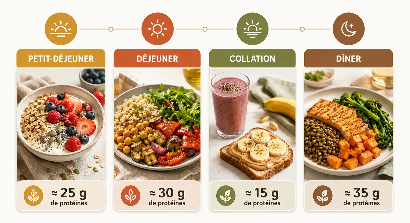 Infographie d'une journée type de menu végétarien sportif.