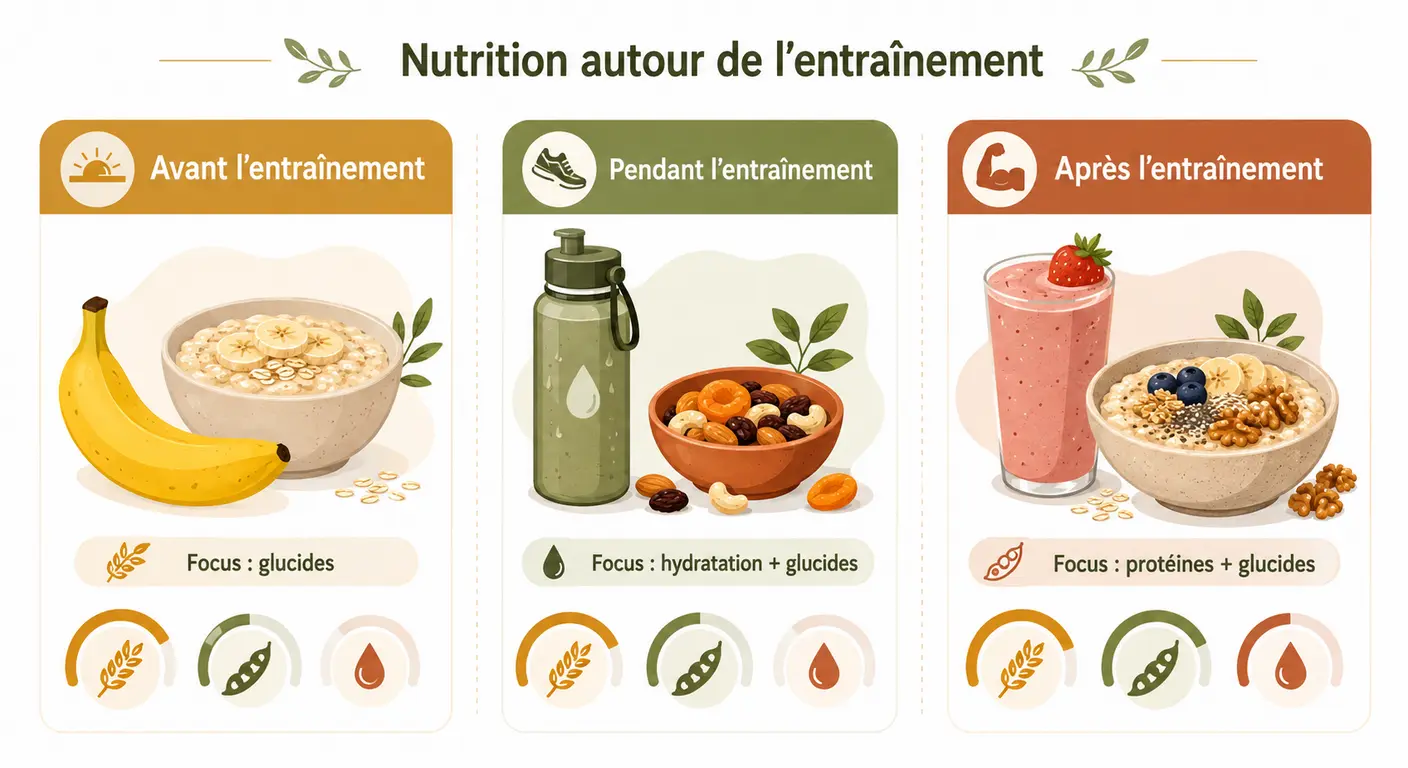 Infographie du timing des apports avant, pendant et après l'entraînement pour un sportif végétarien.