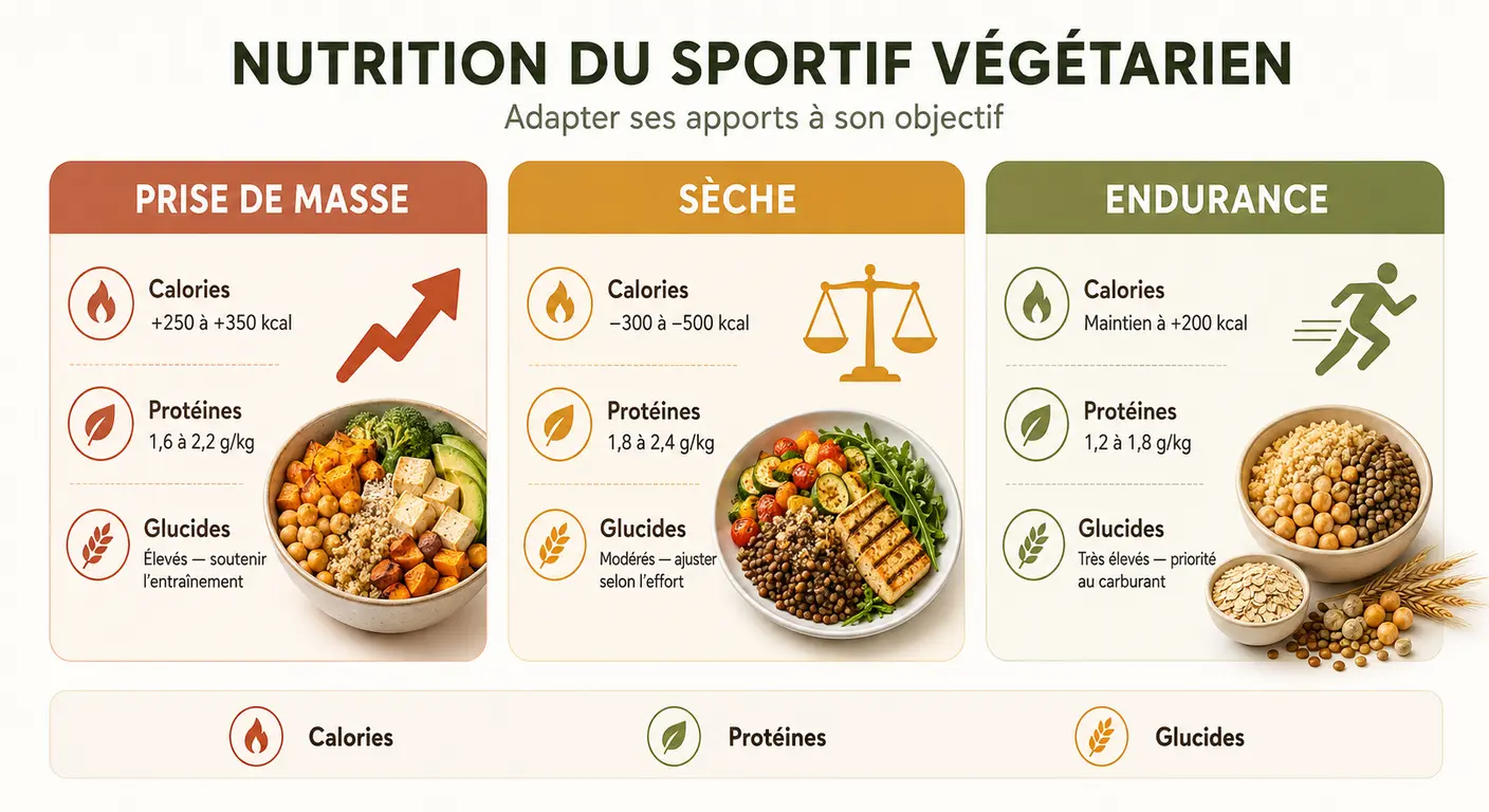 Infographie comparant les ajustements du menu végétarien sportif selon l'objectif.