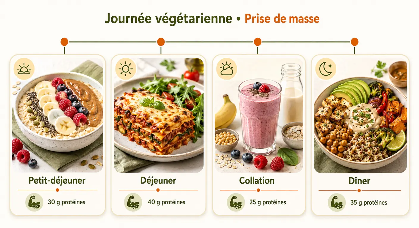 Infographie d'une journée type végétarienne pour la prise de masse musculaire.