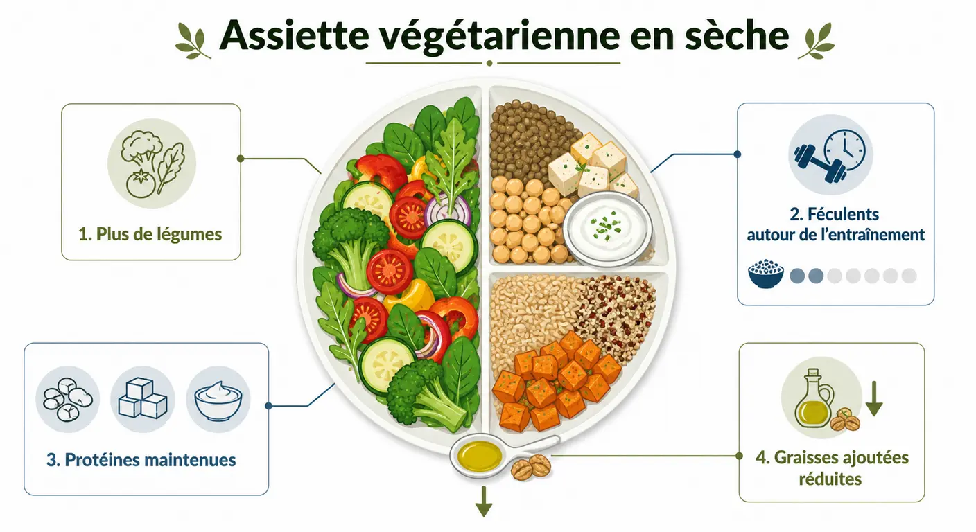 Infographie des ajustements du menu végétarien sportif en phase de sèche sans perte de muscle.