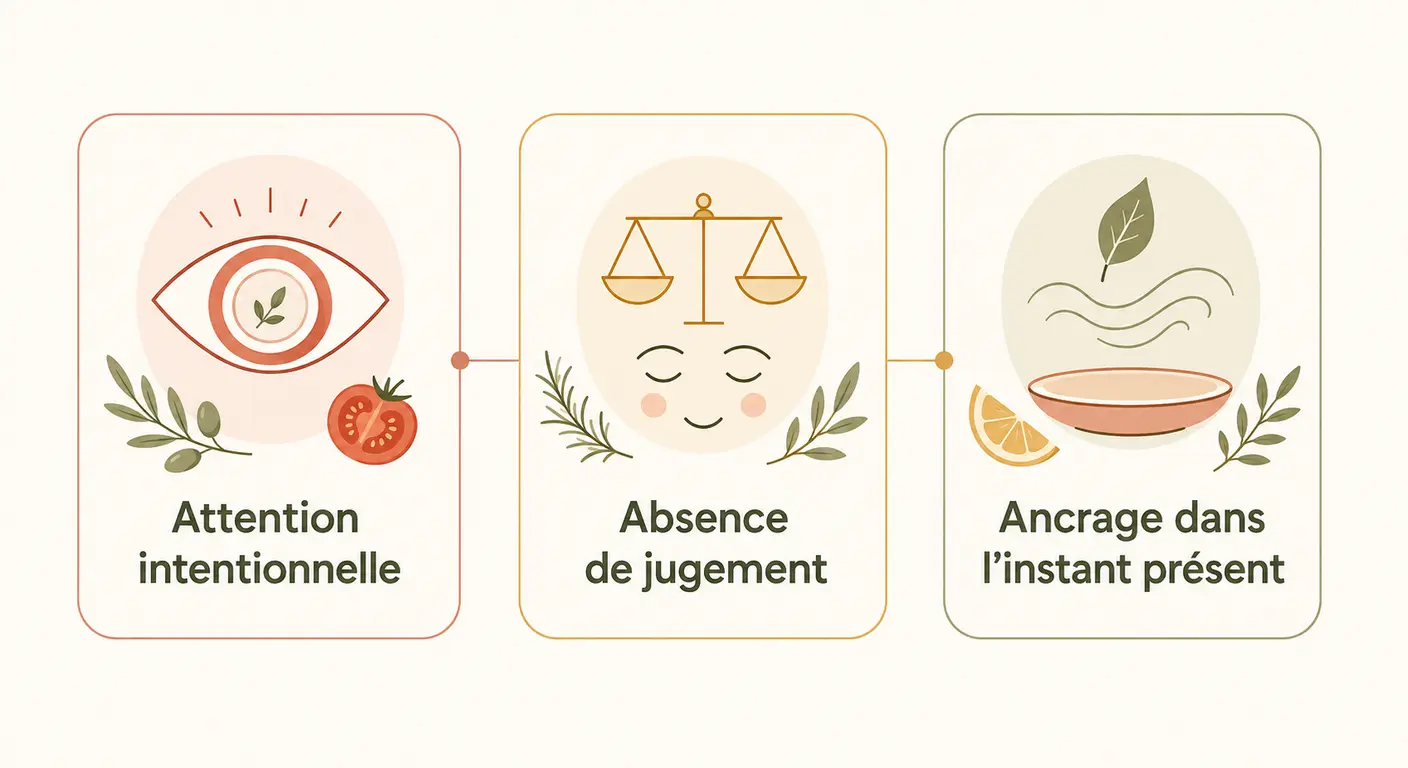 Les trois piliers du mindful eating illustrés en trois colonnes