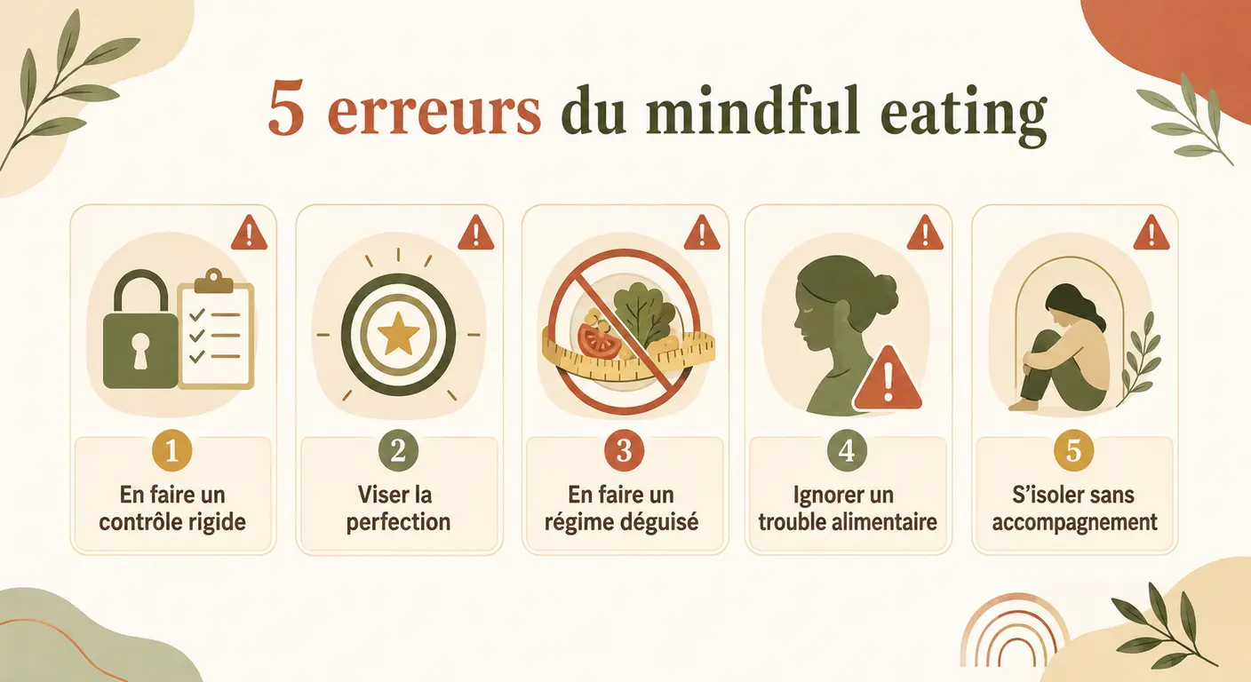 Infographie listant les erreurs fréquentes en mindful eating