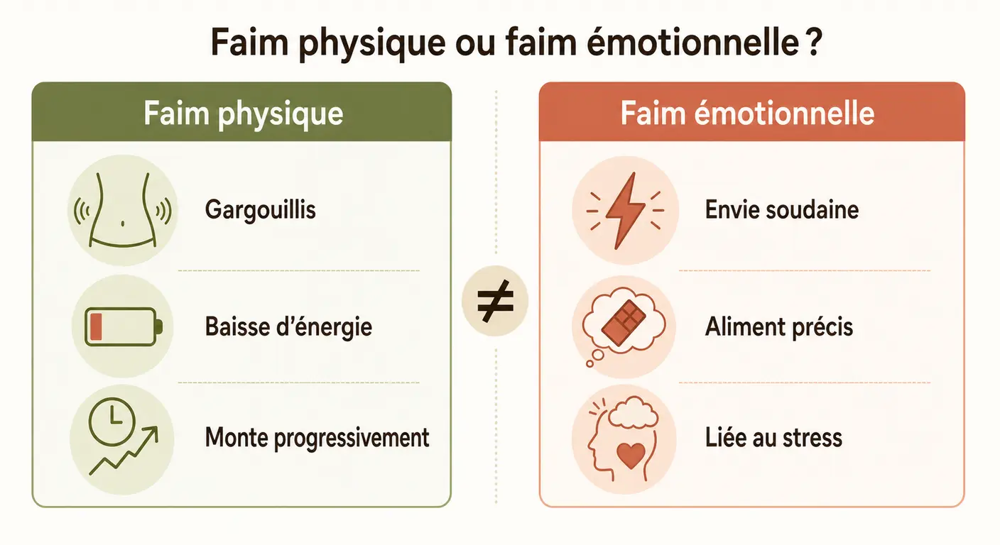 Comparatif visuel entre faim physique et faim émotionnelle