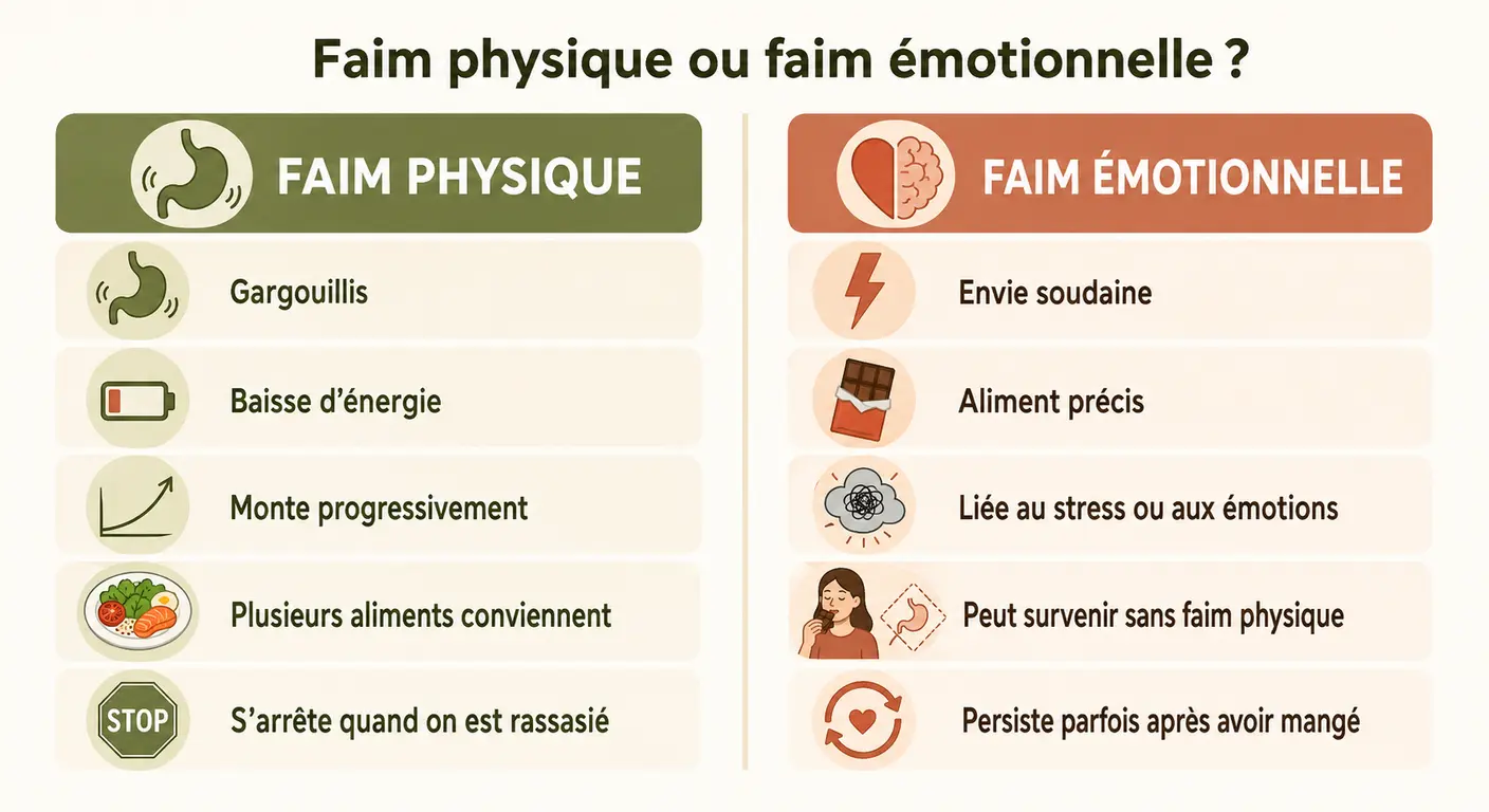 Infographie comparant les signaux de la faim physique et de la faim émotionnelle