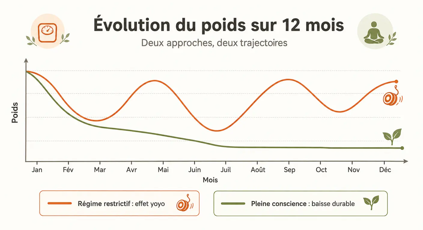 Courbes comparées du poids sur un an entre régime restrictif et pleine conscience