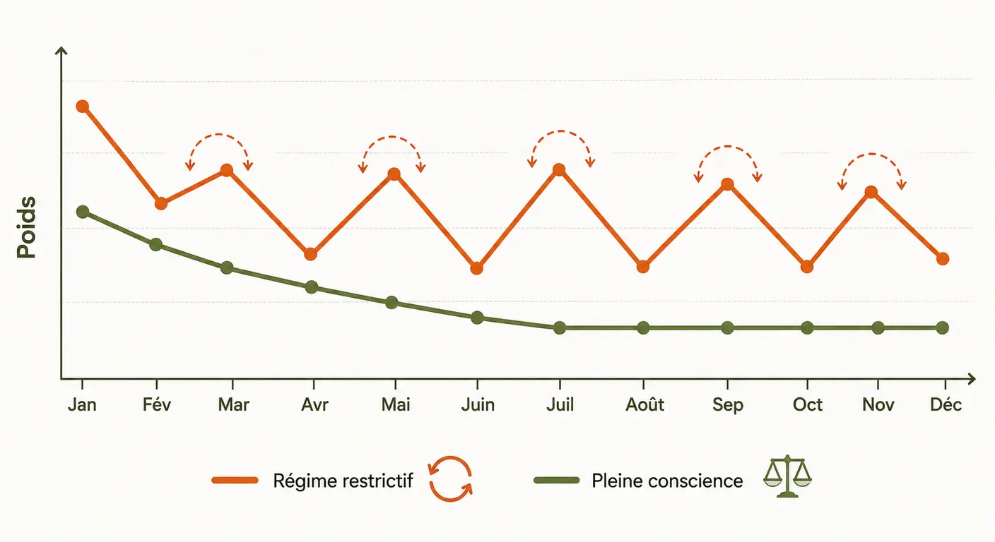 Comparaison visuelle de l'évolution du poids entre régime restrictif et pleine conscience