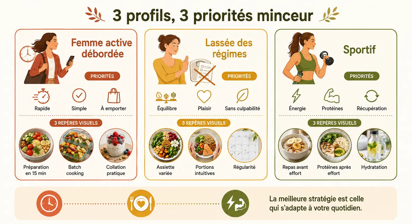 Infographie des trois profils d'un mode de vie minceur personnalisé