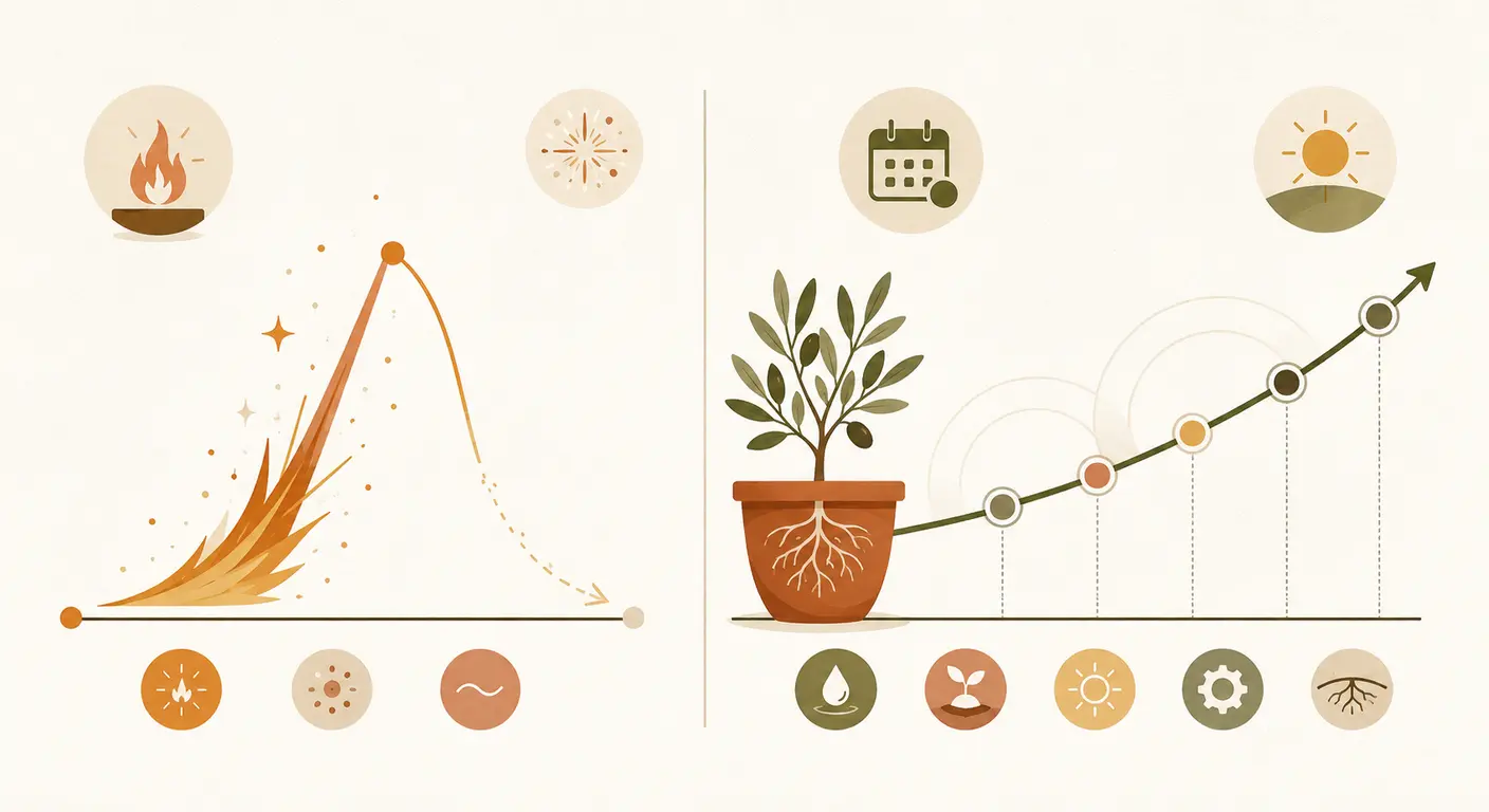 Infographie comparant la motivation ponctuelle et le système d'habitudes durable