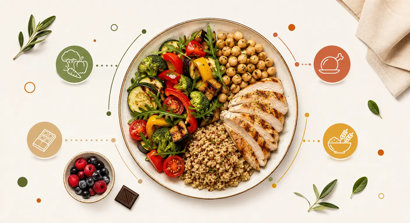 Infographie d'une assiette équilibrée et gourmande pour un déficit calorique doux