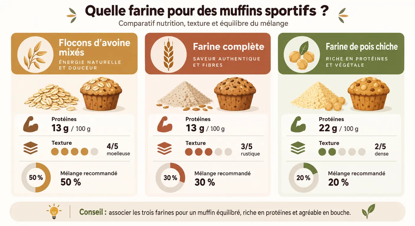 Comparatif des trois farines utilisables dans des muffins sportifs : avoine, complète et pois chiche