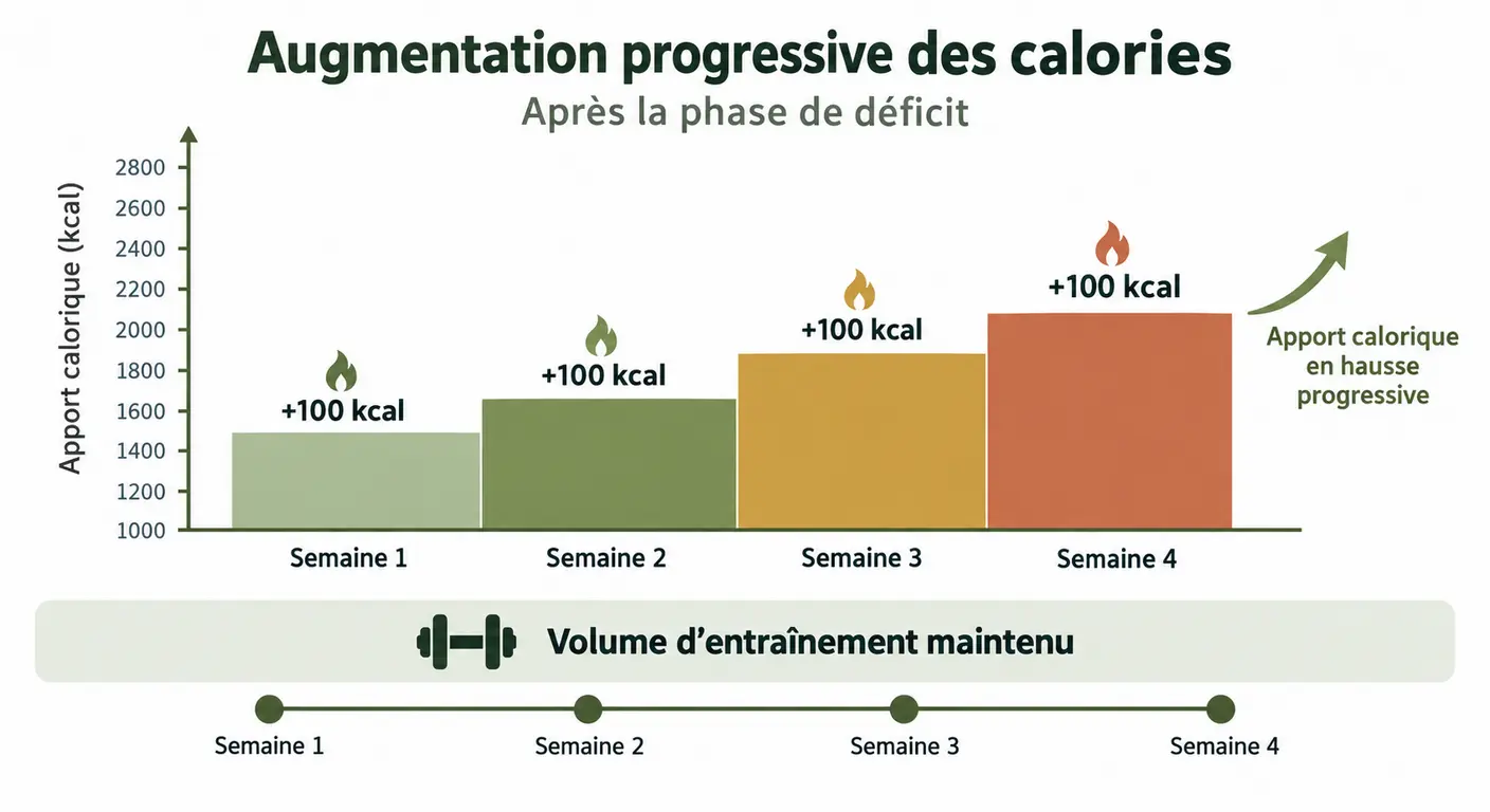Graphique de remontée progressive des apports caloriques sur quatre semaines après une phase de déficit