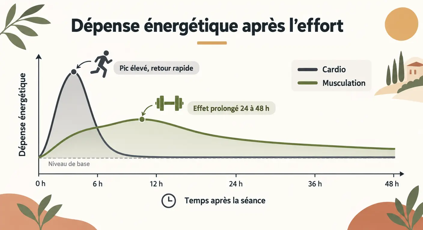Courbes de dépense énergétique sur 48 heures après une séance de cardio et après une séance de musculation