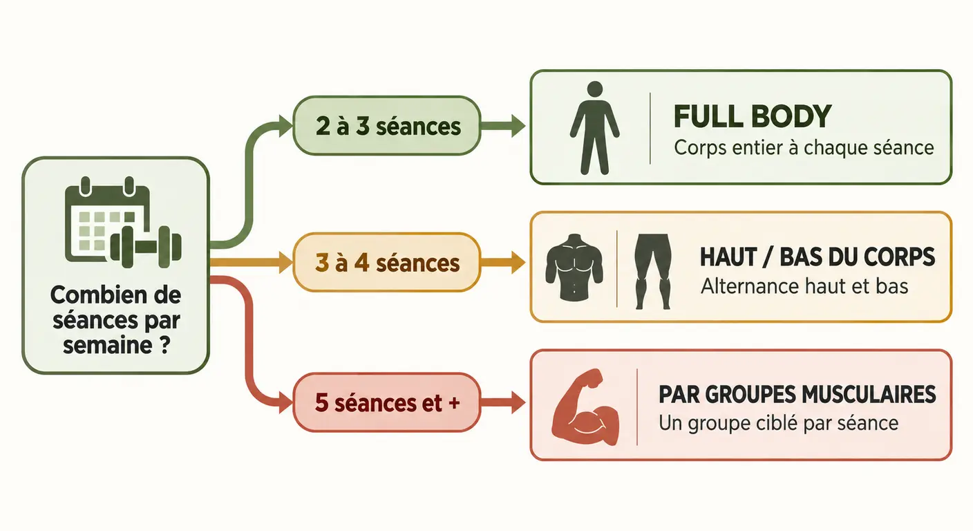Arbre de décision du format de séance de musculation selon le nombre de créneaux hebdomadaires