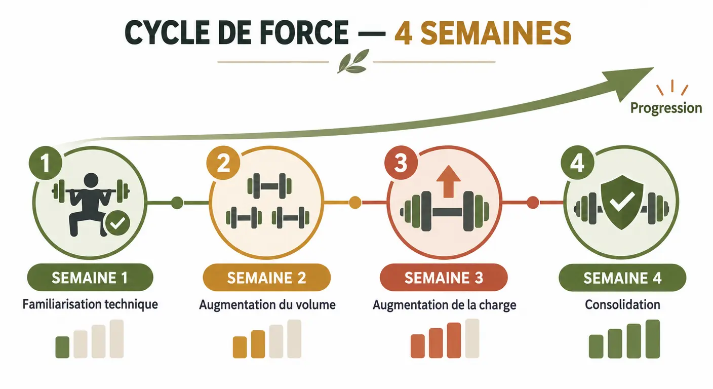 Frise de progression d'un programme de musculation sur quatre semaines