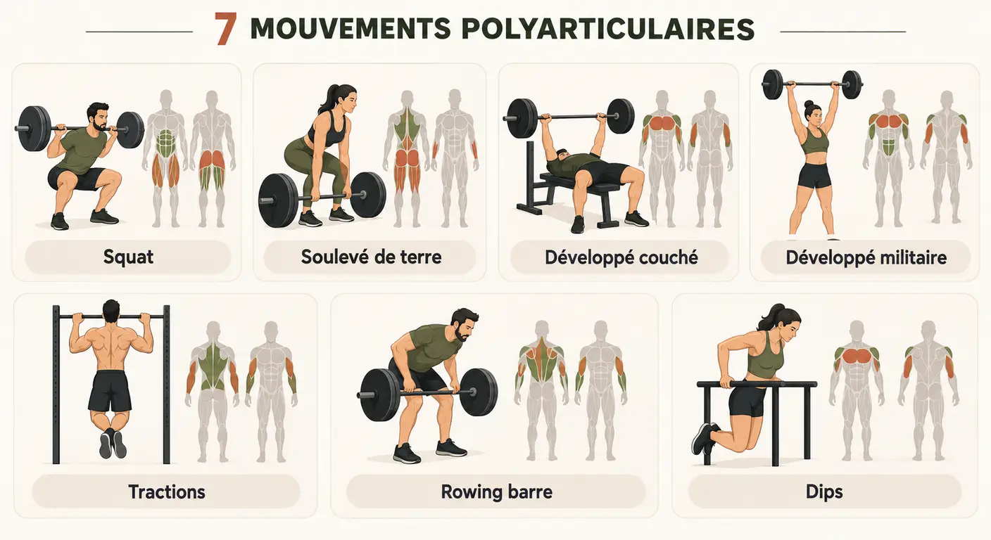 Les sept mouvements polyarticulaires du programme et les groupes musculaires qu'ils sollicitent