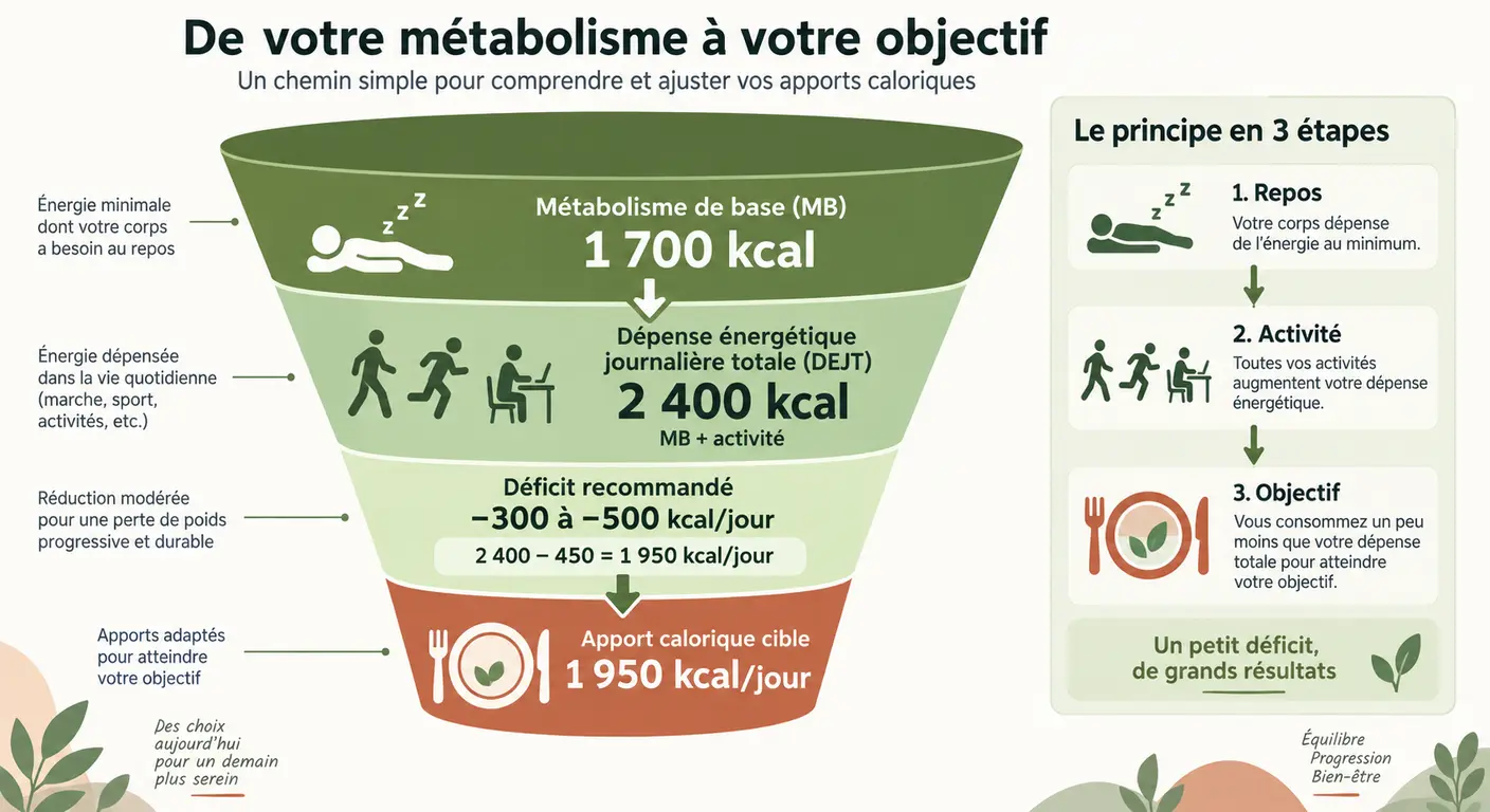 Schéma du calcul du déficit calorique à partir du métabolisme de base et de la dépense totale