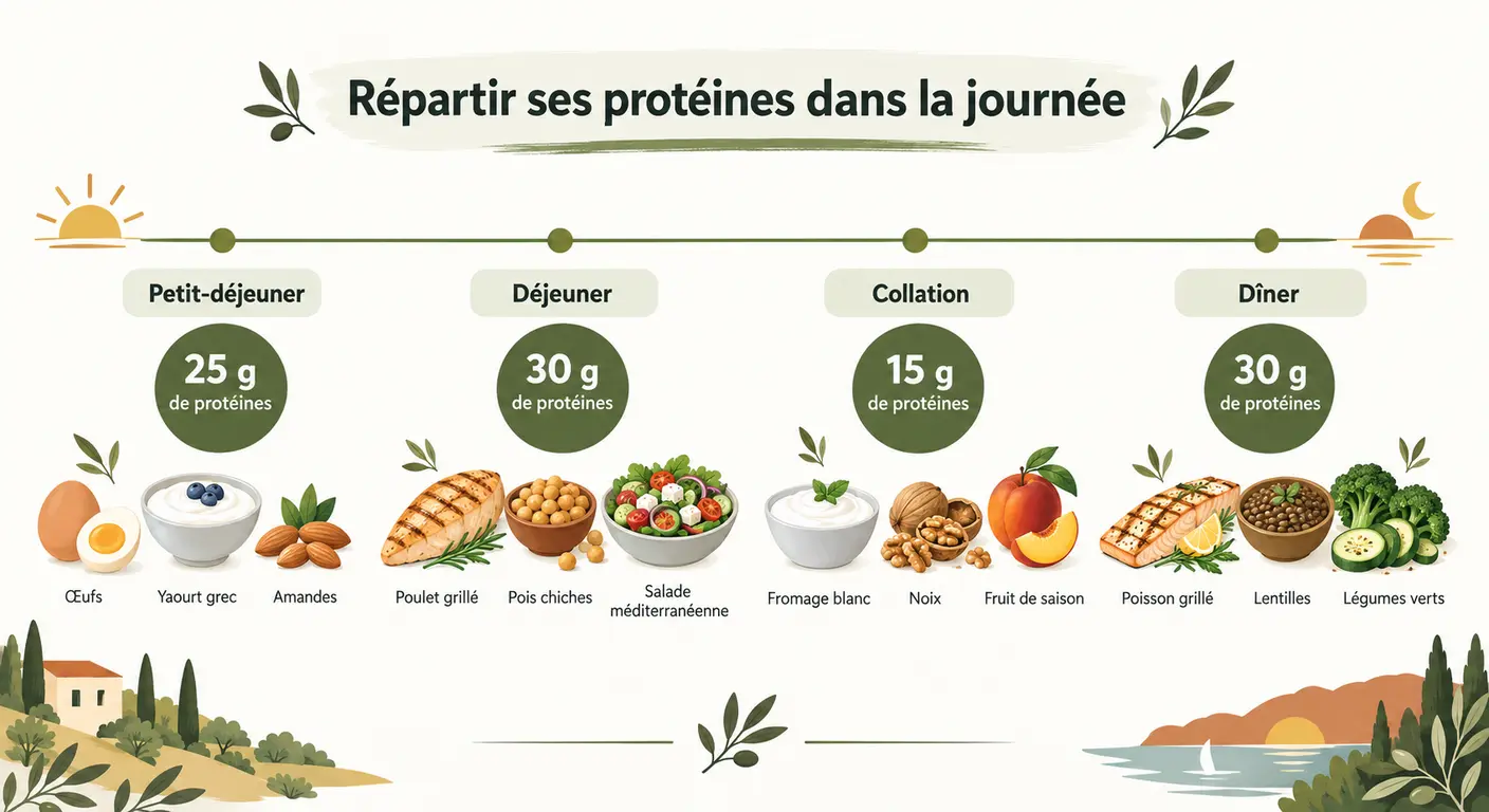 Frise de répartition des apports en protéines sur les quatre prises alimentaires de la journée