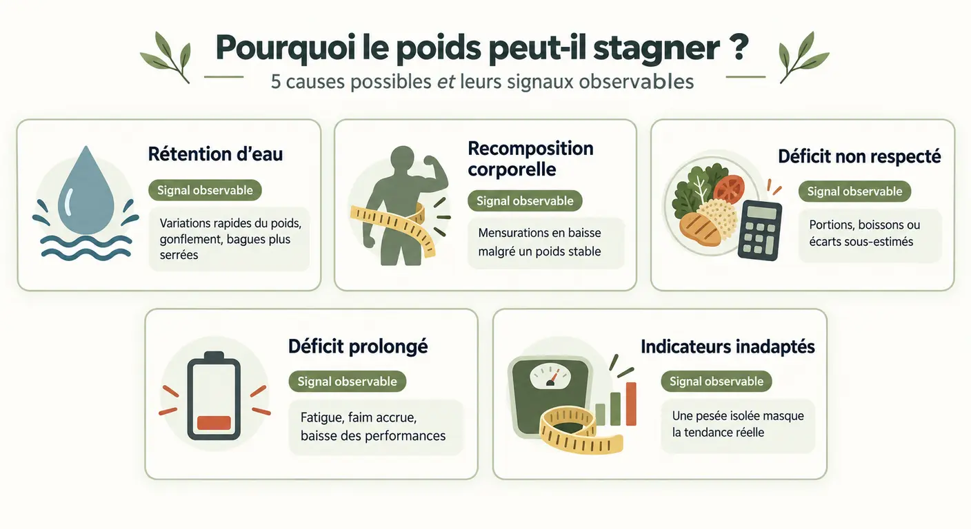 Grille des cinq causes possibles d'un plateau de perte de poids et de leurs signaux observables