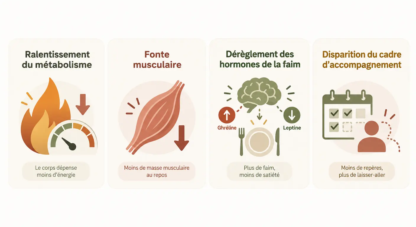 Infographie des quatre mécanismes physiologiques de la reprise de poids après un régime