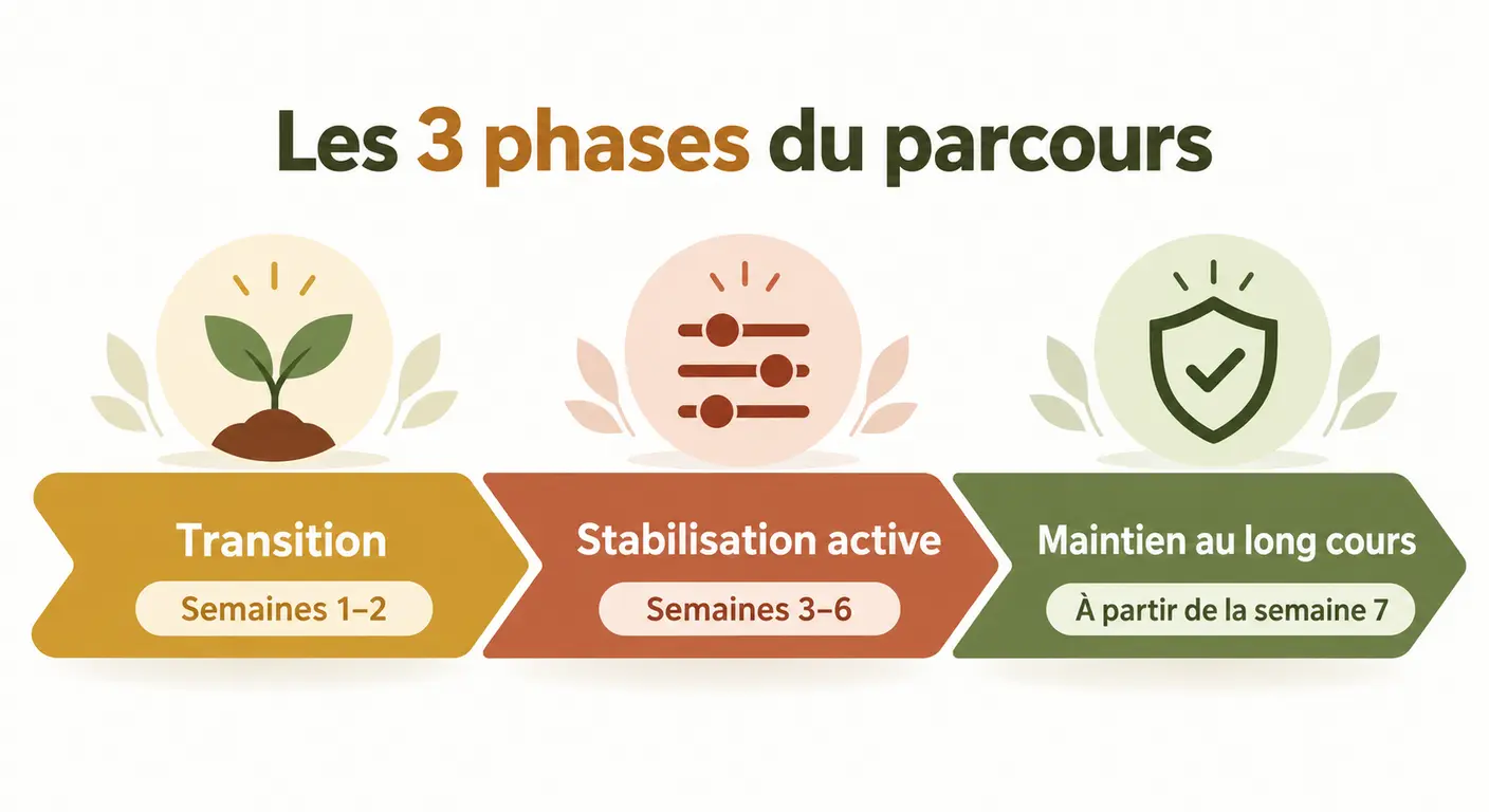 Frise chronologique des trois phases de stabilisation après un régime avec leurs durées