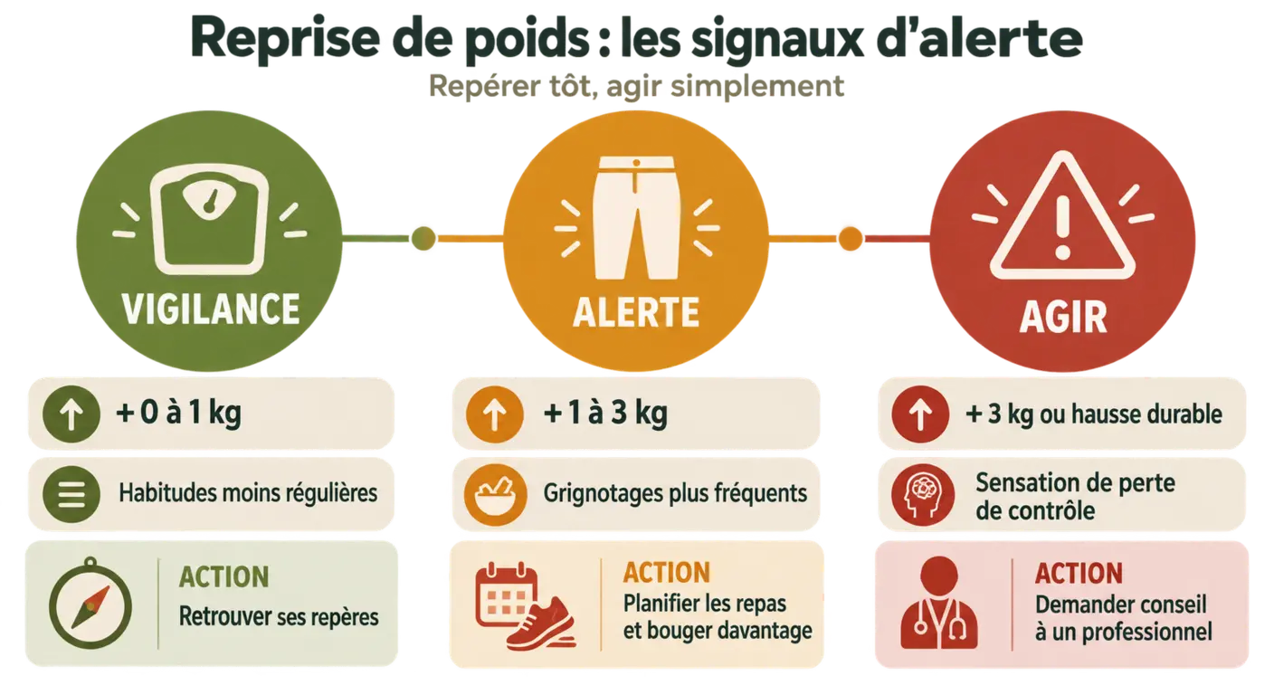 Infographie des trois signaux d'alerte d'une reprise de poids et des corrections associées