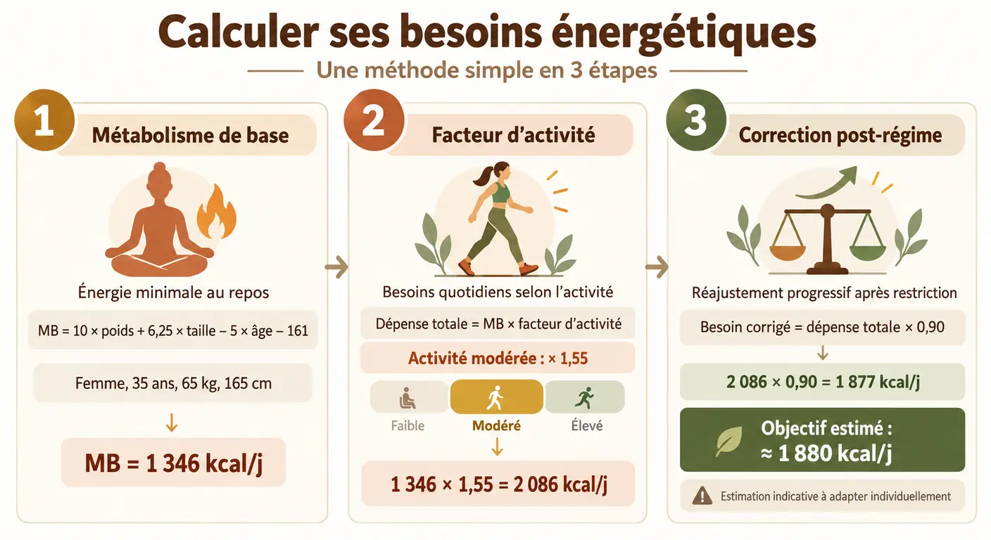 Infographie du calcul des calories de maintenance en trois étapes après un régime