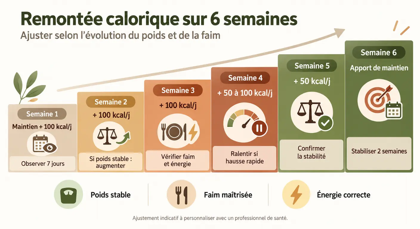 Escalier des six paliers hebdomadaires de remontée calorique après un régime