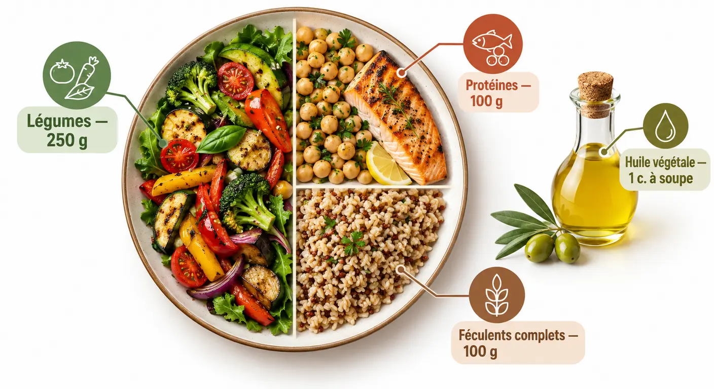 Assiette de maintien après un régime avec proportions de légumes, protéines et féculents