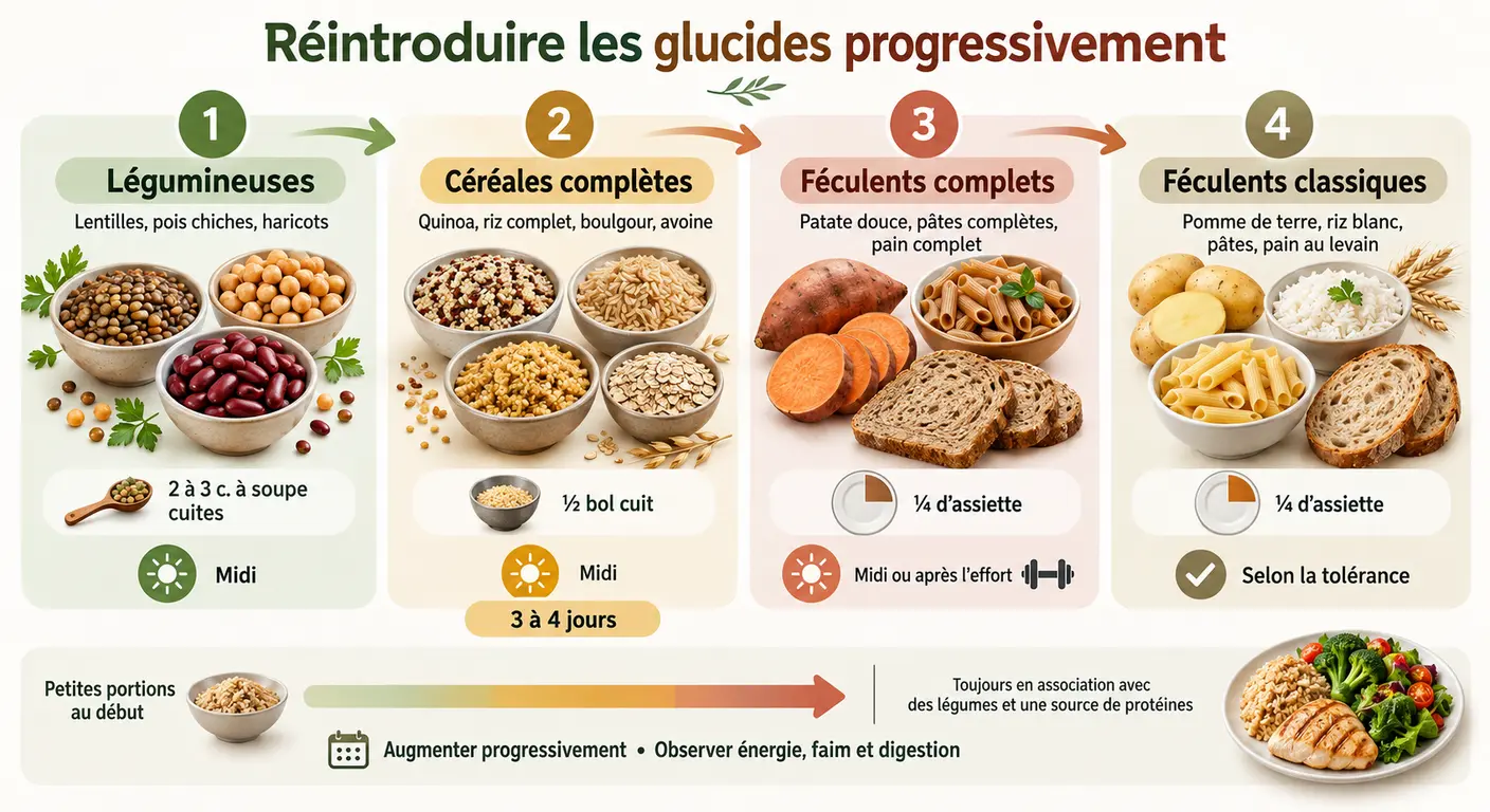 Infographie de la réintroduction progressive des glucides après un régime