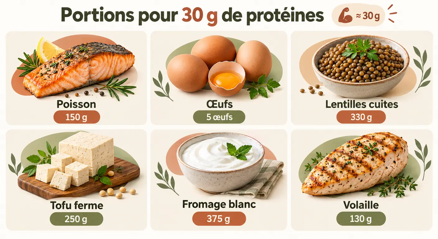 Infographie des portions d'aliments apportant trente grammes de protéines