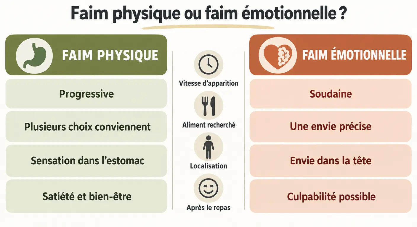 Infographie comparant les signes de la faim physique et de la faim émotionnelle