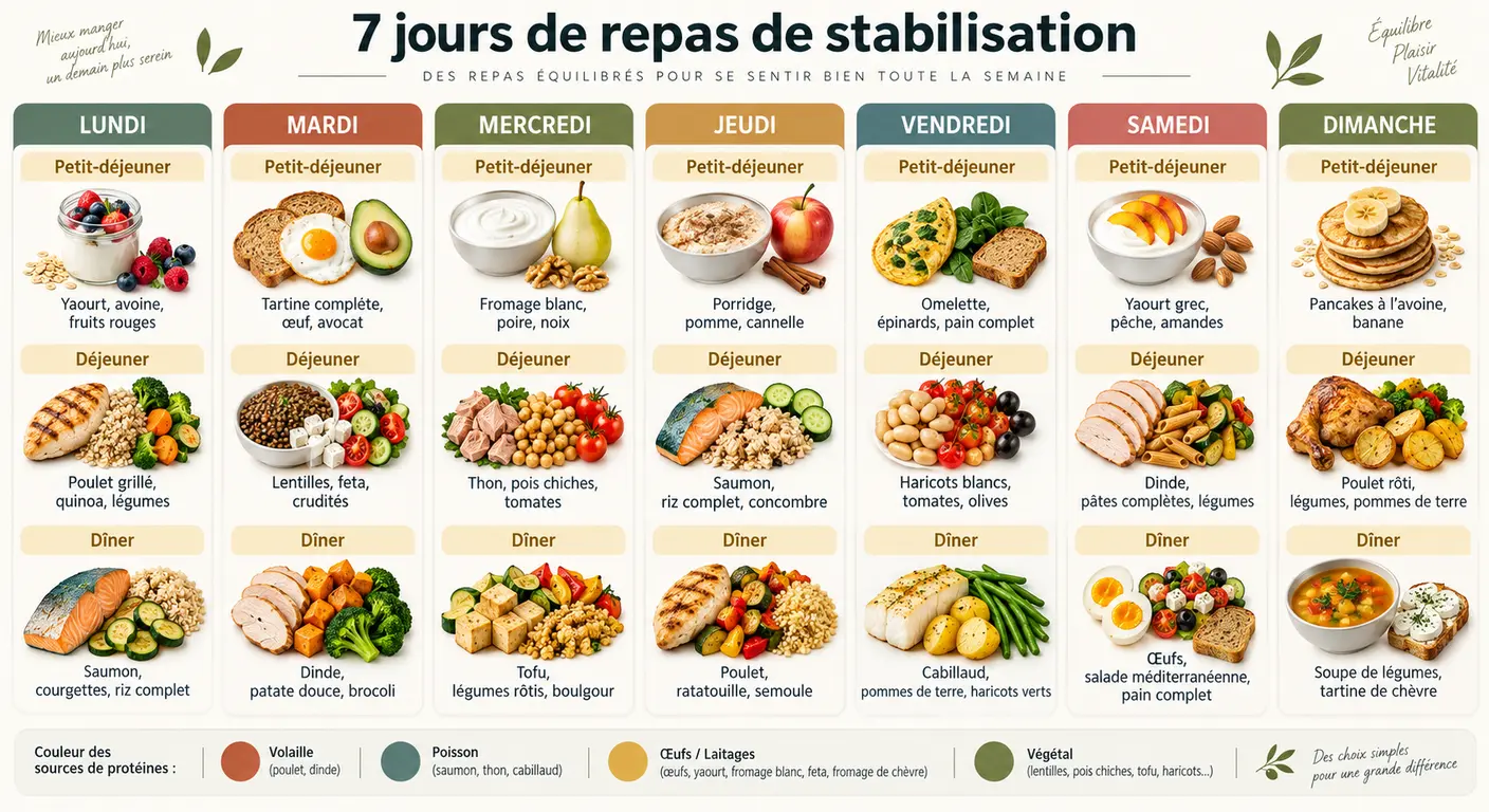 Calendrier illustré d'une semaine type de repas pour stabiliser son poids