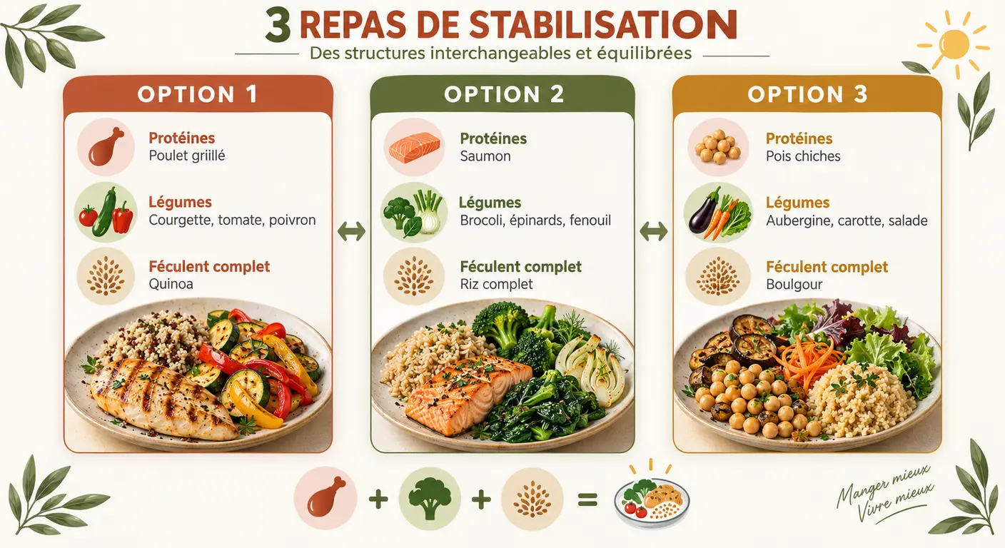 Infographie des trois structures de repas de stabilisation