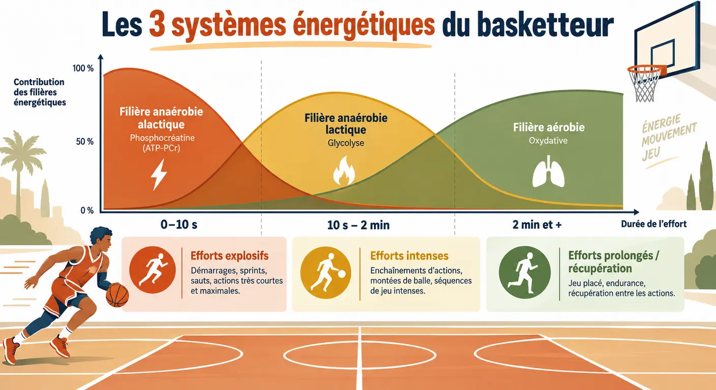Schéma des trois filières énergétiques du basketteur sur un terrain stylisé, avec la chronologie de l'effort.