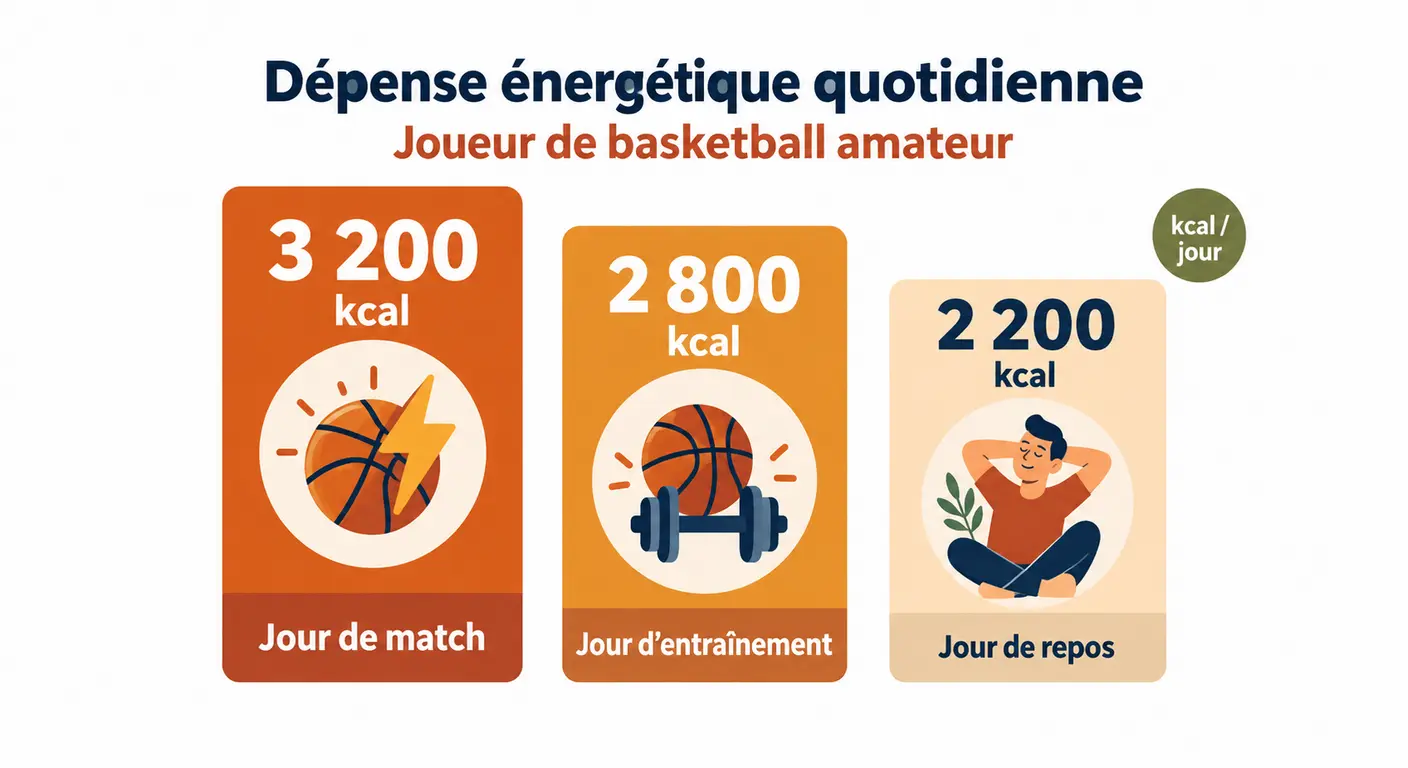 Comparaison chiffrée des dépenses journalières d'un basketteur entre un jour de match, un jour d'entraînement et un jour de repos.