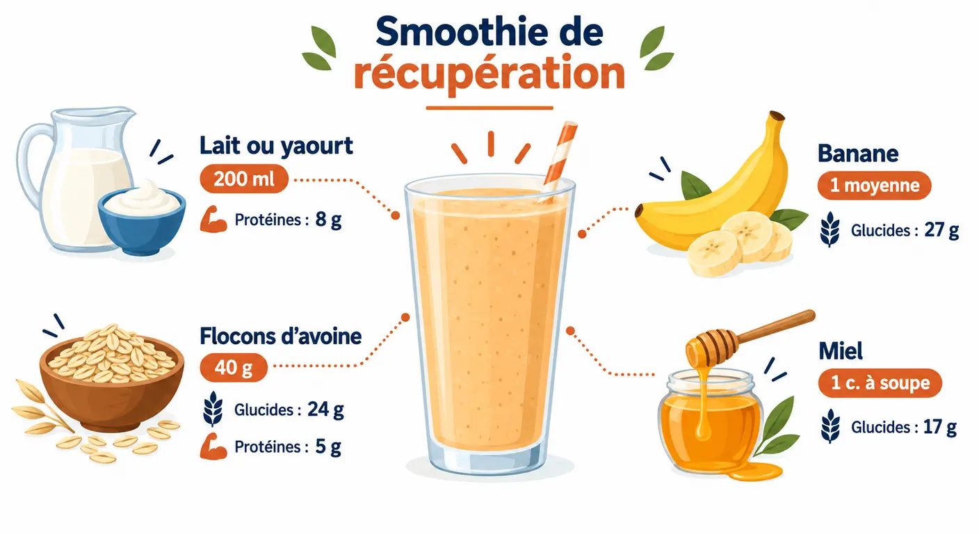 Composition visuelle du smoothie de récupération avec les quantités de chaque ingrédient.