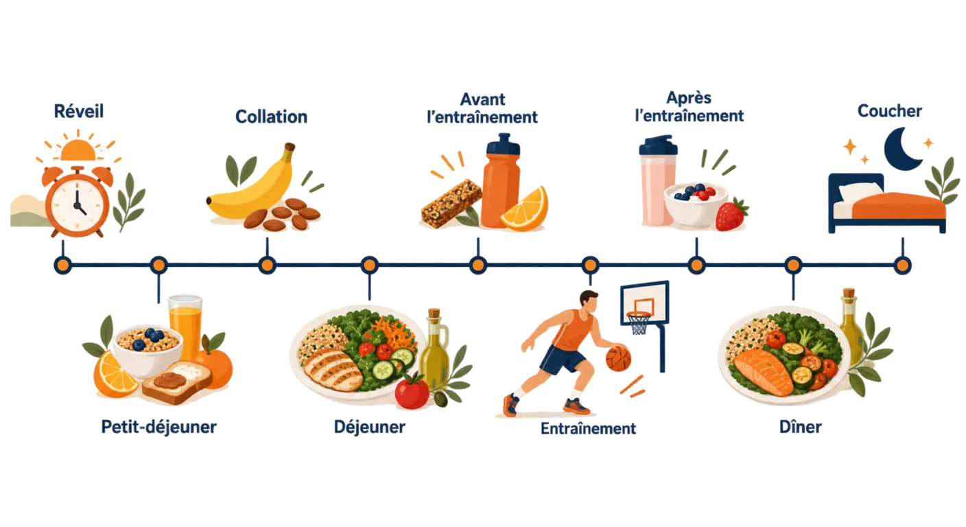 Journée type du basketteur amateur en bandeau horizontal, du réveil au coucher, avec les prises alimentaires positionnées.