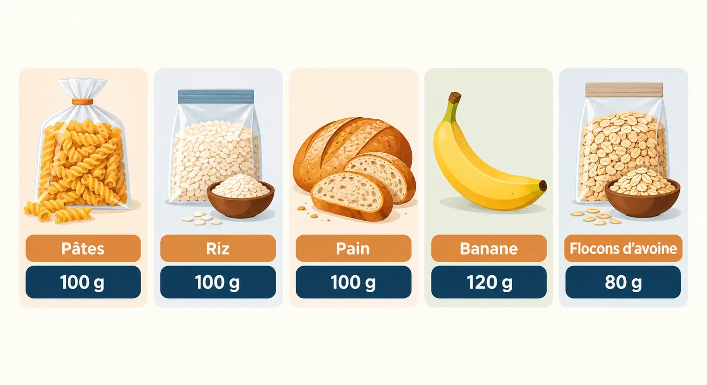 Échelle visuelle des sources de glucides courantes avec les quantités d'achat réelles correspondantes.