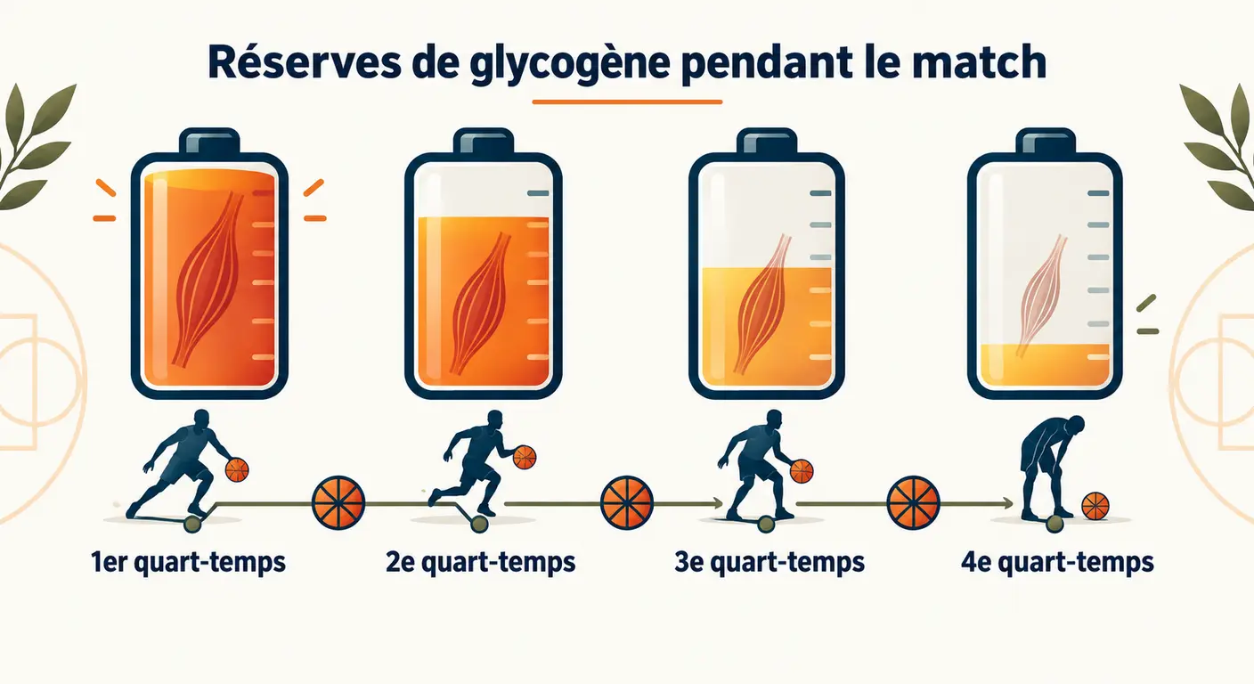 Représentation de la réserve de glycogène qui se vide au fil des quatre quart-temps.