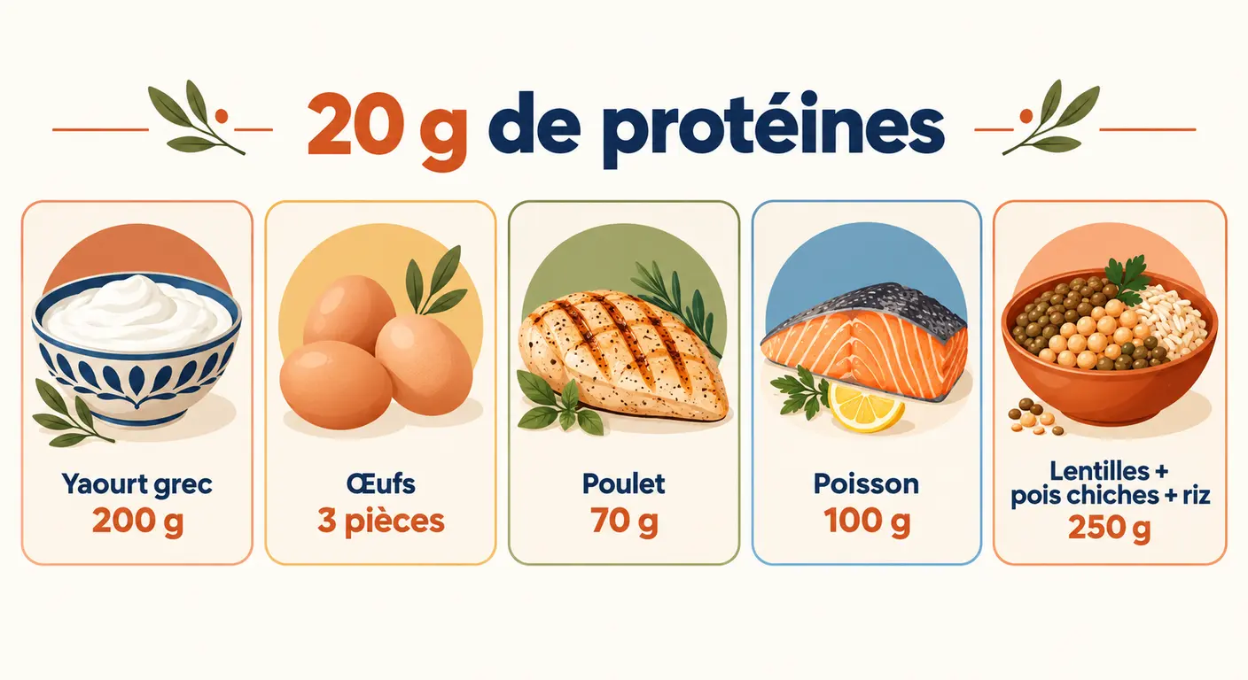 Planche des équivalences alimentaires pour atteindre 20 g de protéines, avec les portions dessinées.