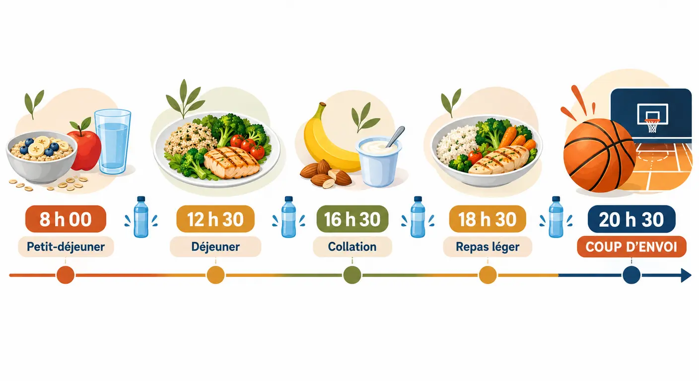 Frise chronologique de la journée de match, du petit-déjeuner à l'échauffement.