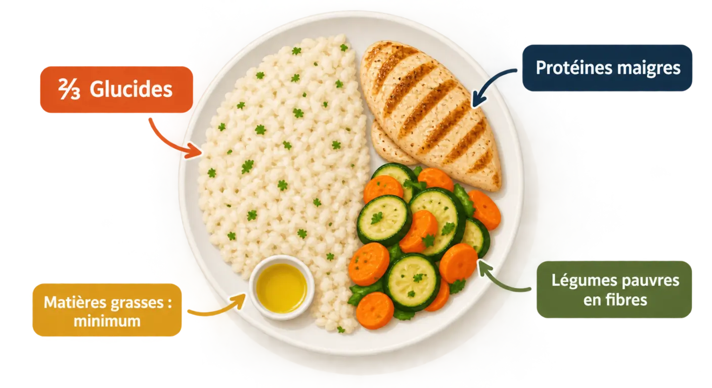Assiette d'avant-match légendée avec les proportions de glucides, de protéines et de légumes.