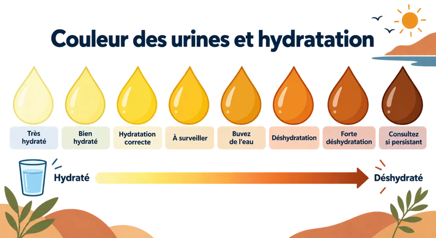 Nuancier de couleur des urines servant d'indicateur d'hydratation.